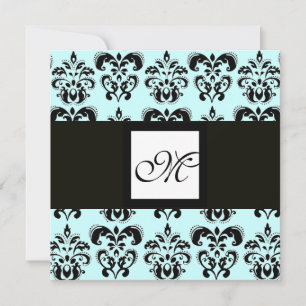 DAMASK MONOGRAM,black and white,blue Invitation
