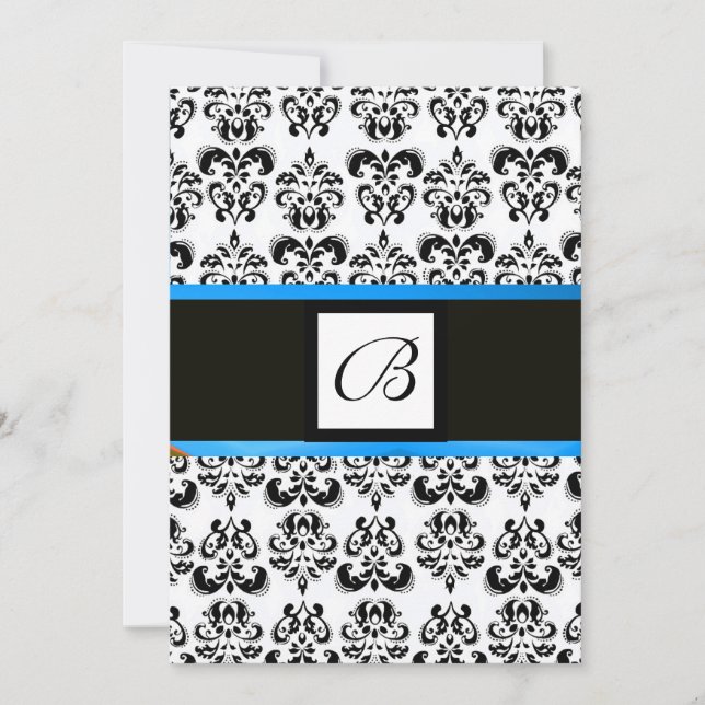 DAMASK MONOGRAM,black and white,blue Invitation (Front)