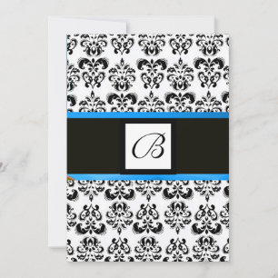 DAMASK MONOGRAM,black and white,blue Invitation