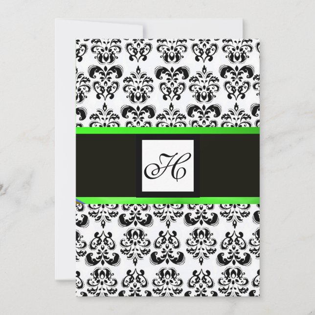 DAMASK MONOGRAM,black and white, emerald green Invitation (Front)