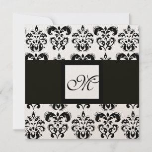 DAMASK MONOGRAM,black and white,gold metallic Invitation