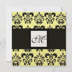 DAMASK MONOGRAM,black and white,gold metallic Invitation