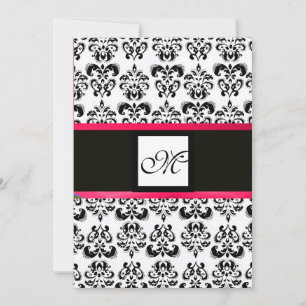 DAMASK MONOGRAM,black and white, pink fuchsia Invitation