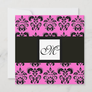 DAMASK MONOGRAM,black and white,pink fuchsia Invitation