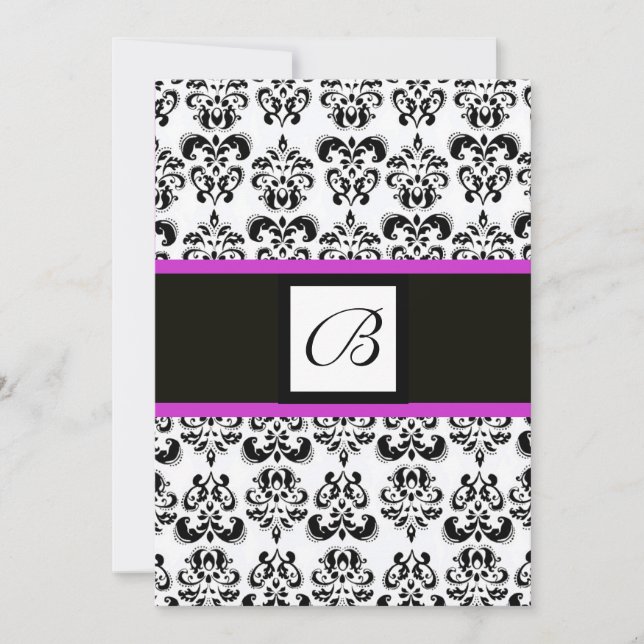 DAMASK MONOGRAM,black and white,pink purple Invitation (Front)