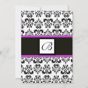 DAMASK MONOGRAM,black and white,pink purple Invitation