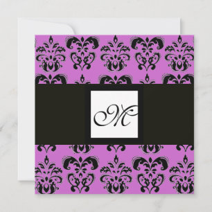 DAMASK MONOGRAM,black and white,purple Invitation