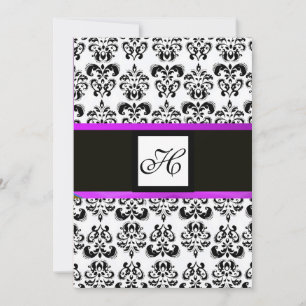 DAMASK MONOGRAM,black and white, purple Invitation