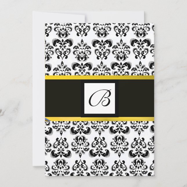 DAMASK MONOGRAM,black and white,yellow Invitation (Front)