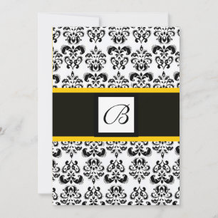 DAMASK MONOGRAM,black and white,yellow Invitation