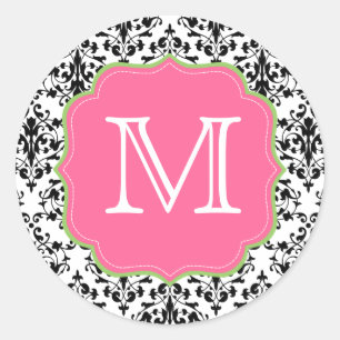 Damask Monogram Black Pink Green Classic Round Sticker