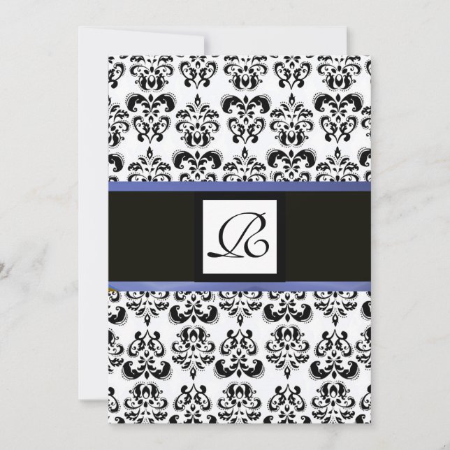DAMASK MONOGRAM,black white, blue Invitation (Front)