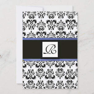 DAMASK MONOGRAM,black white, blue Invitation