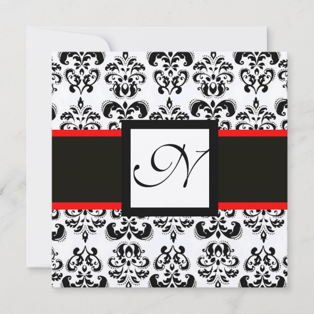 DAMASK MONOGRAM,Black,White,Red Champagne Metallic Invitation (Front)
