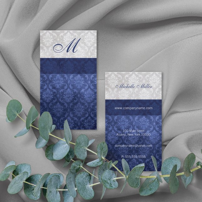 Damask Monogram Blue Grey Business Card (Creator Uploaded)