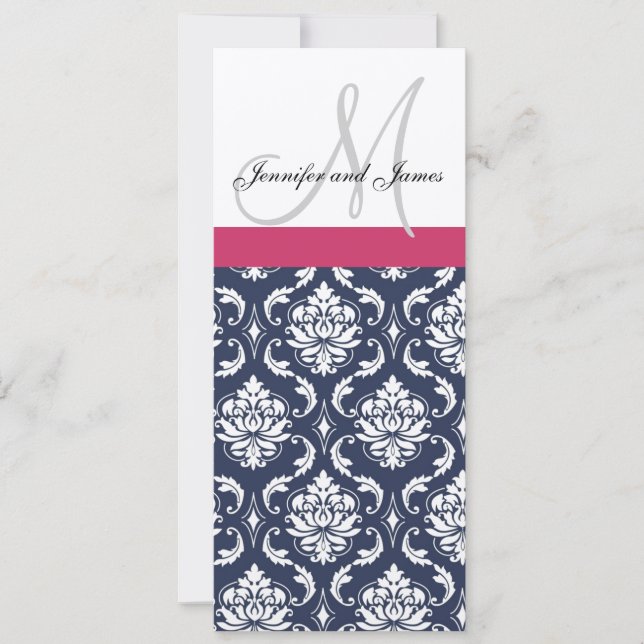 Damask Monogram Blue Pink Cream Wedding Invitation (Front)