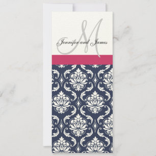 Damask Monogram Blue Pink Cream Wedding Invitation