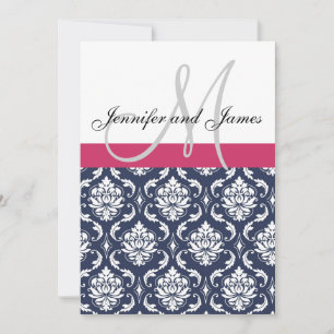Damask Monogram Blue Pink White Wedding Invitation