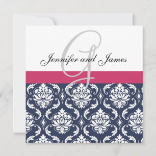 Damask Monogram Blue Pink White Wedding Invitation