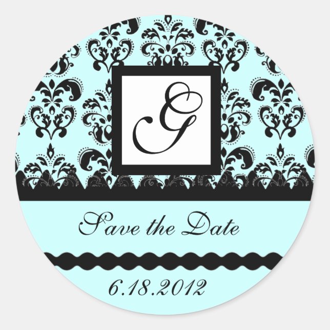 DAMASK MONOGRAM, blue turquase Classic Round Sticker (Front)