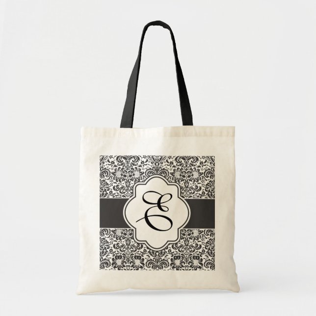 Damask Monogram Bridesmaid Tote Black Handles Bag (Front)