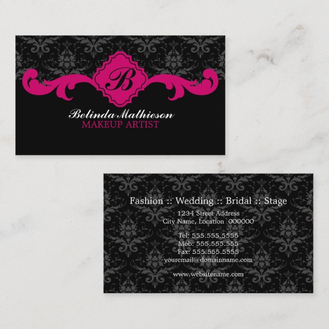 Damask Monogram Fuchsia Business Cards (Front/Back)
