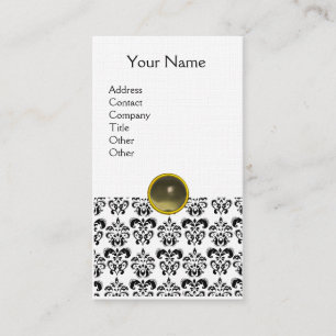 DAMASK MONOGRAM gem grey black white linen Business Card