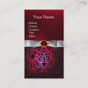 DAMASK MONOGRAM gem red burgundy white ribbon Business Card