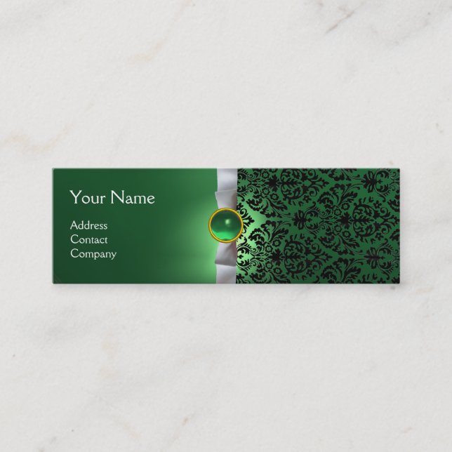 DAMASK MONOGRAM gem ribbon white green Mini Business Card (Front)