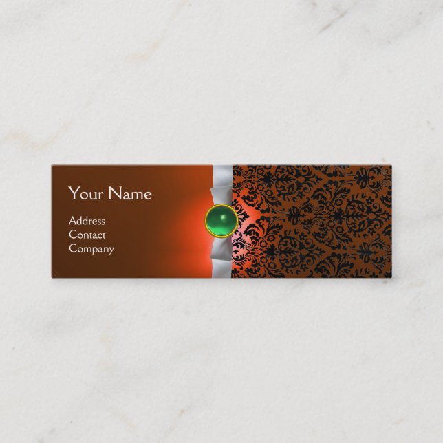 DAMASK MONOGRAM gem ribbon white orange green Mini Business Card (Front)