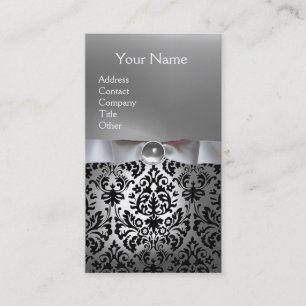 DAMASK MONOGRAM gem white ribbon black Business Card
