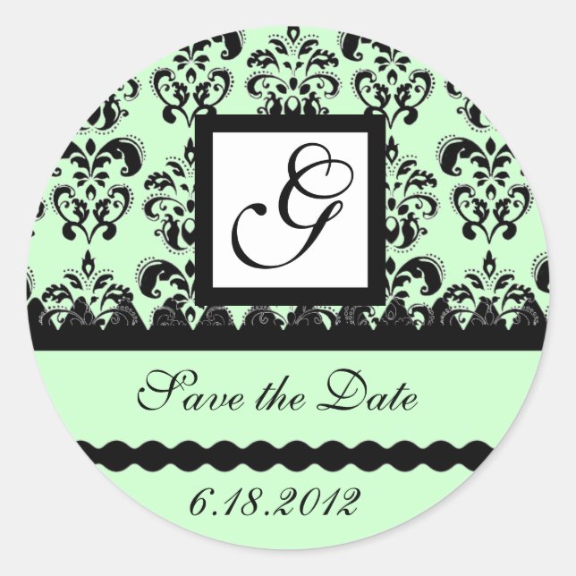 DAMASK MONOGRAM ,green Classic Round Sticker (Front)