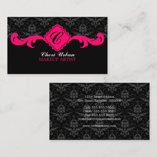Damask Monogram Hot Pink Business Card (Front/Back)