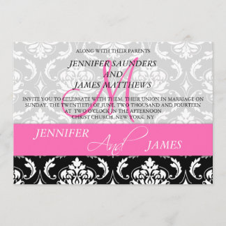 Damask Monogram Names Hot Pink Wedding Invitation