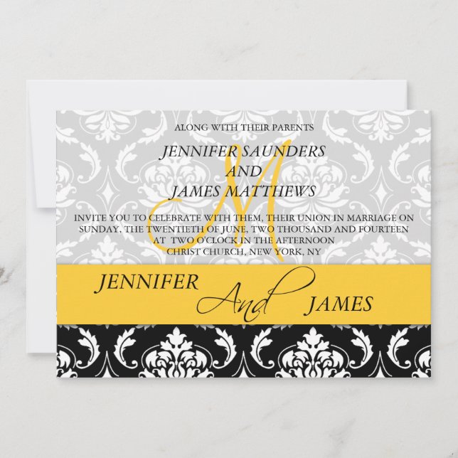 Damask Monogram Names Yellow Wedding Invitation (Front)