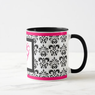 DAMASK MONOGRAM,Pink Fuchsia Black White Floral Mug
