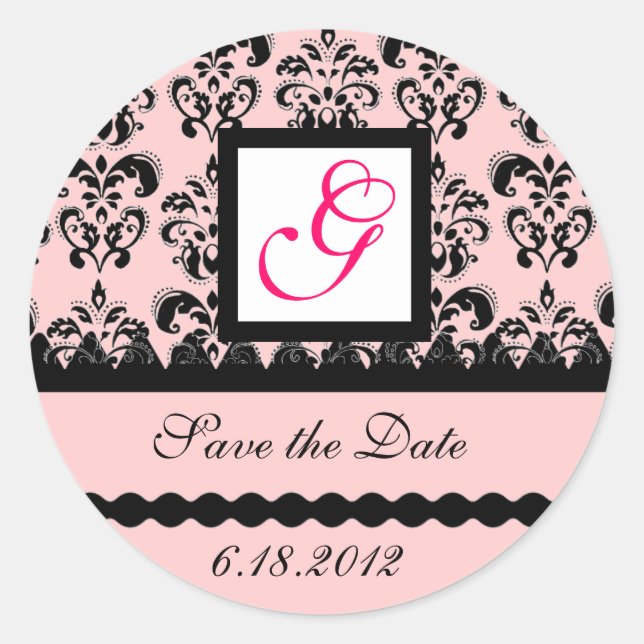DAMASK MONOGRAM,pink fuchsia Classic Round Sticker (Front)
