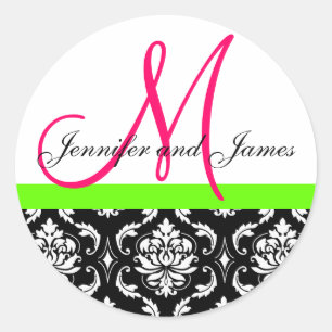 Damask Monogram Pink Green Wedding Sticker