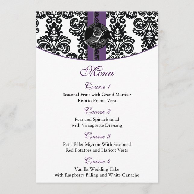 damask monogram purple wedding menu (Front)