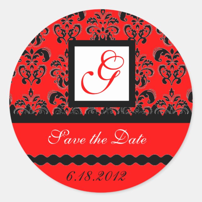 DAMASK MONOGRAM, red black white Classic Round Sticker (Front)