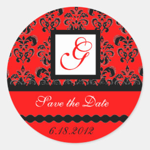 DAMASK MONOGRAM, red black white Classic Round Sticker
