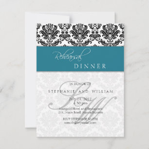 Damask Monogram Rehearsal Dinner Card in Teal