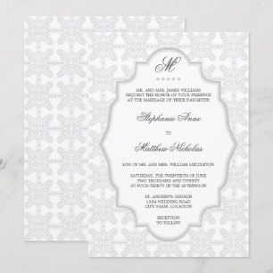 Damask Monogram Silver Grey Wedding Invitation