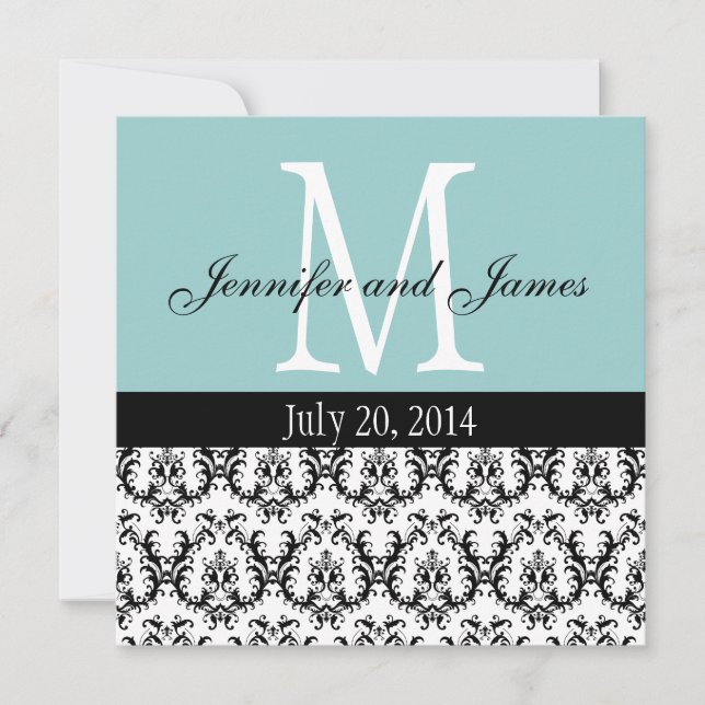 Damask Monogram Wedding Invitation Blue (Front)