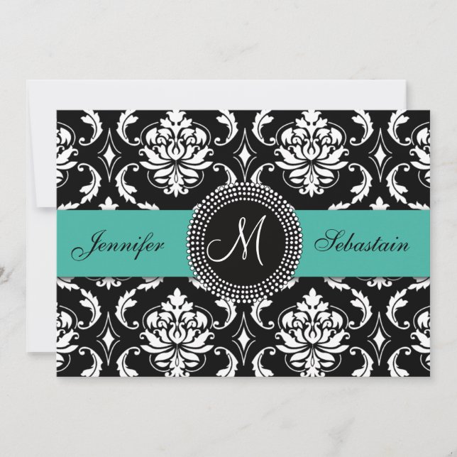 Damask Monogram Wedding Invitations Turquoise (Front)