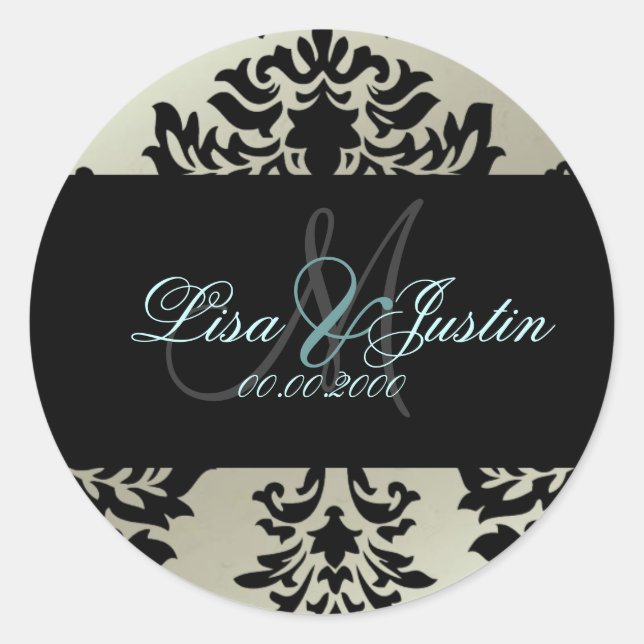 Damask monogram wedding stickers (Front)