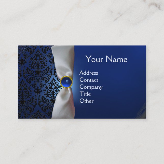 DAMASK MONOGRAM white ribbon black blue dark Business Card (Front)