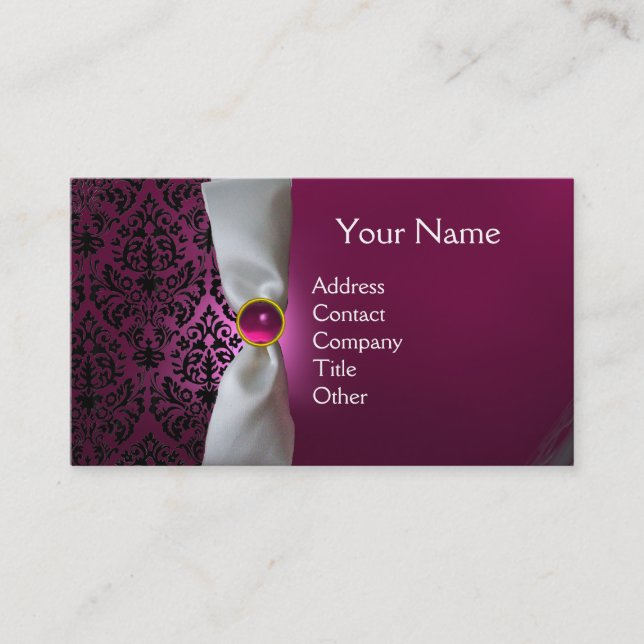 DAMASK MONOGRAM white ribbon black pink Business Card (Front)