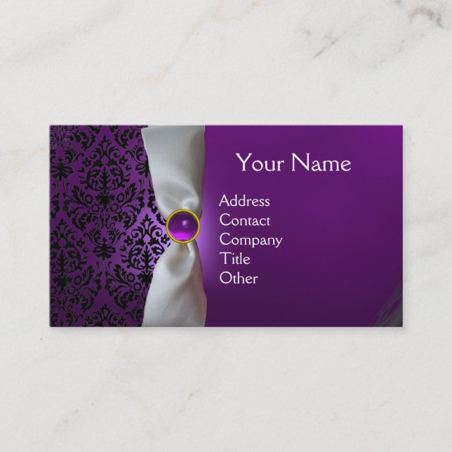 DAMASK MONOGRAM white ribbon black purple Business Card (Front)