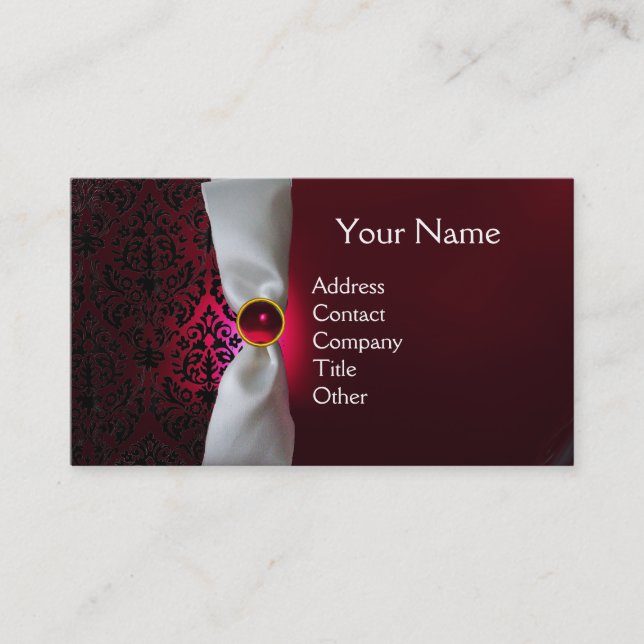 DAMASK MONOGRAM white ribbon black red burgundy Business Card (Front)